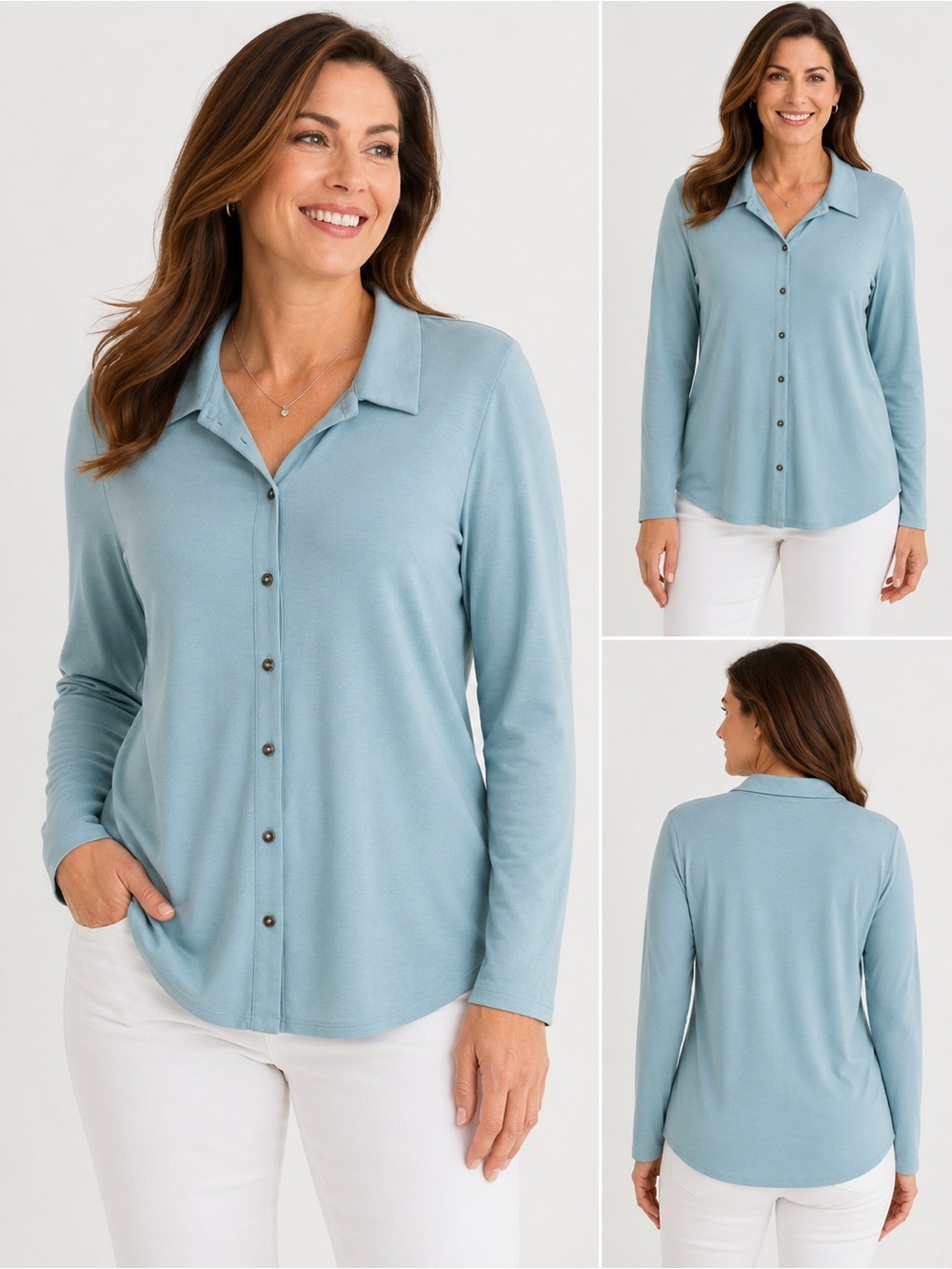 J.Jill Light Blue Button Front Knit Top Size Large Long Sleeve Stretch Collared